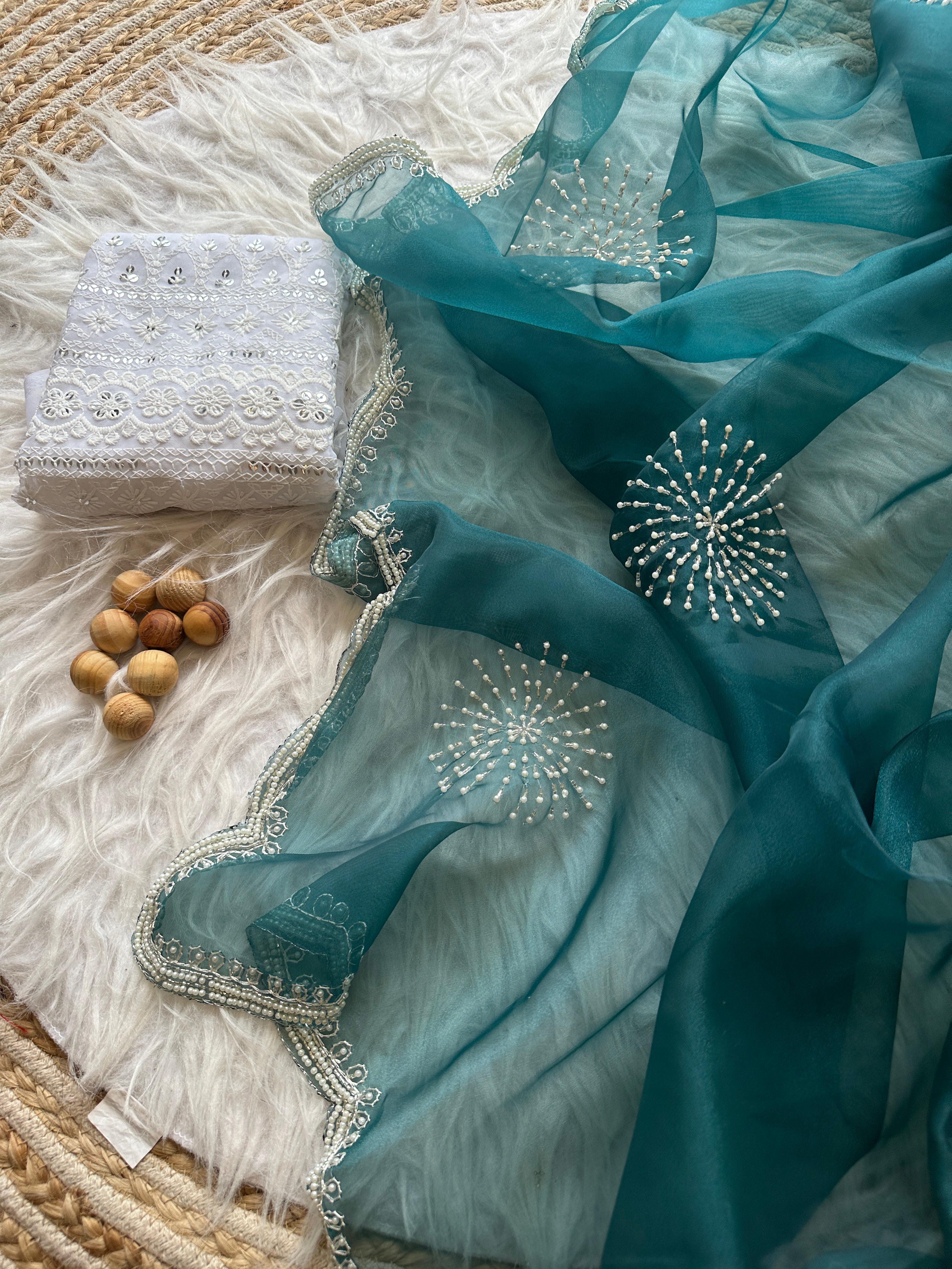 Carol Handwork Saree(Teal Blue)